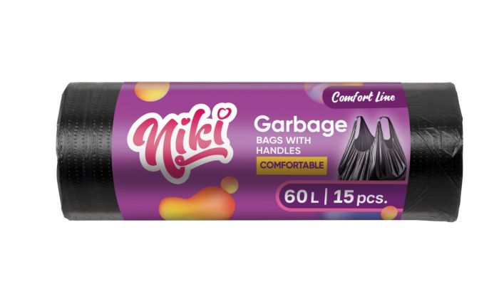 Пакети для сміття з ручками, 60 л, 15 шт,, TM Nikі