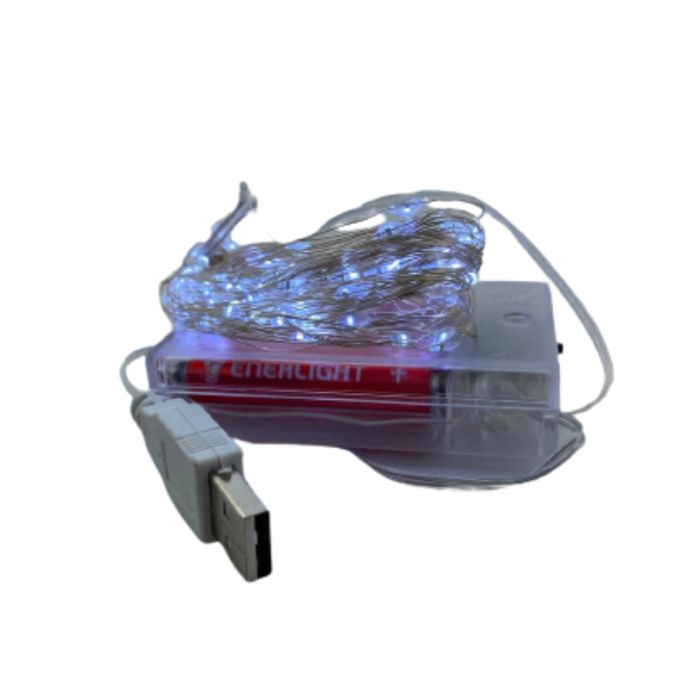 Новорічна гірлянда-нитка Роса на батарейках 3АА+USB, 10м білий теплий