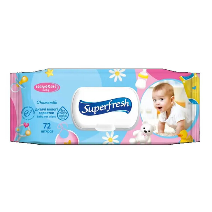 Серветка волога Baby chamomile з клапаном 72шт,, SUPER FRESH
