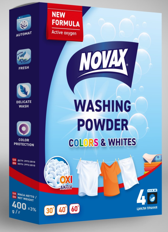 Пральний порошок автомат універсальний COLOR&WHITES, 400г, , NOVAX