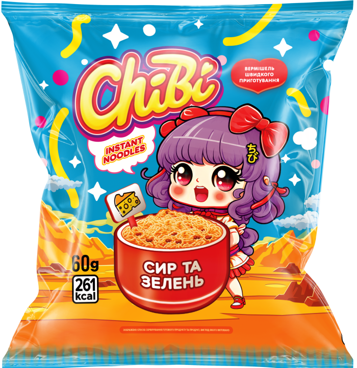 Вермішель швидкого приготування зі смаком сиру та зелені, 60 г, Chibi